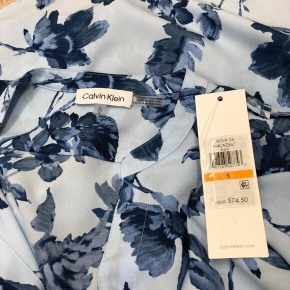 Calvin Klein Womens Blue Floral Button-Down Blouse W Roll-Tab Sleeves Size S NWT - Picture 6 of 8